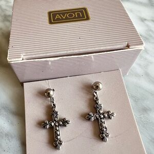 Vintage Avon Silvertone Cross Drop Pierced Earrings